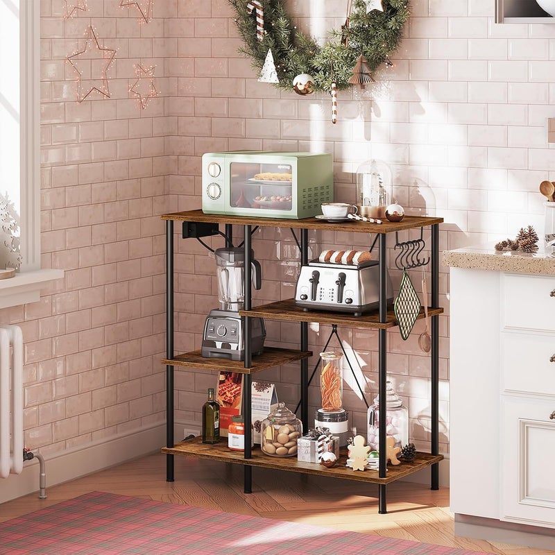 HOOBRO Bakers Rack with Power Outlet, Microwave Stand with 5 S-Shaped Hooks, Coffee Bar, Kitchen Storage Shelf, for Kitchen, Living Room, Rustic Brown and Black BF07UHB01 - Image 2